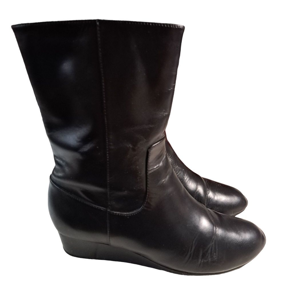 Cole Haan Women's Black Waterproof Leather Mid Calf Full Zip Wedge Bootie Size 8